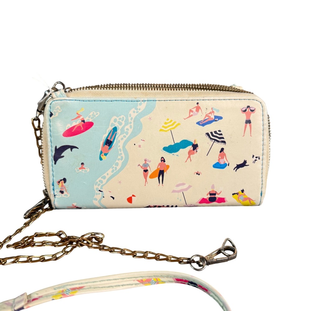Beach Scene Double Zip Accordion Wallet with Chain Strap Cream Blue
